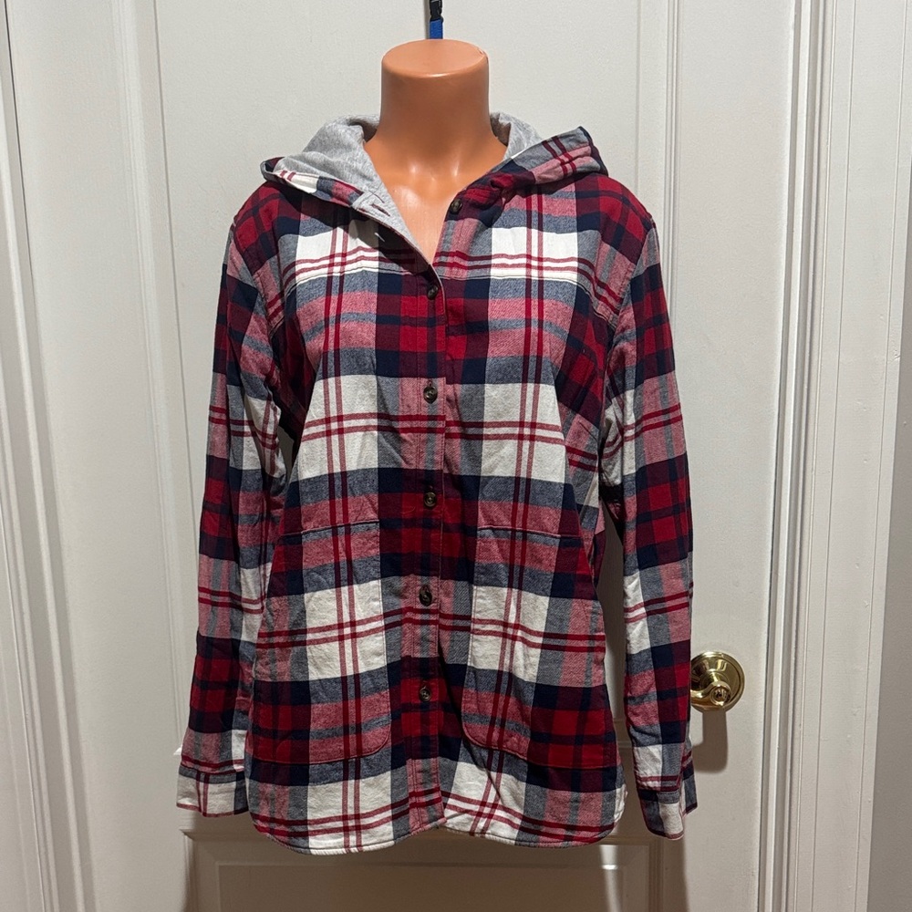 EDDIE BAUER Red Blue Gray Plaid Hooded Shirt Jacket Shacket L Large EUC $75 KL